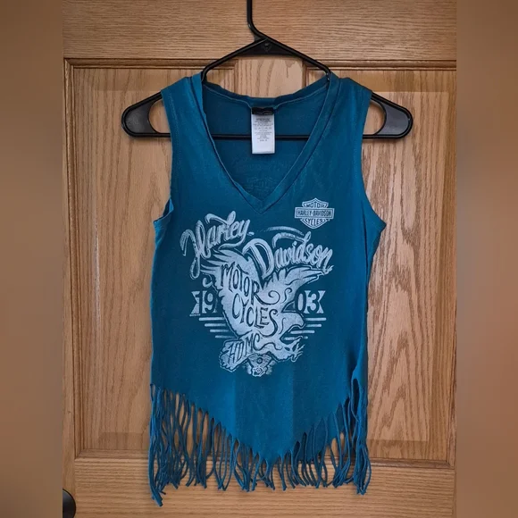 Harley Davidson Women's Medium Greenish Blue V Neck Fringe Tank Top EUC - Picture 1 of 4